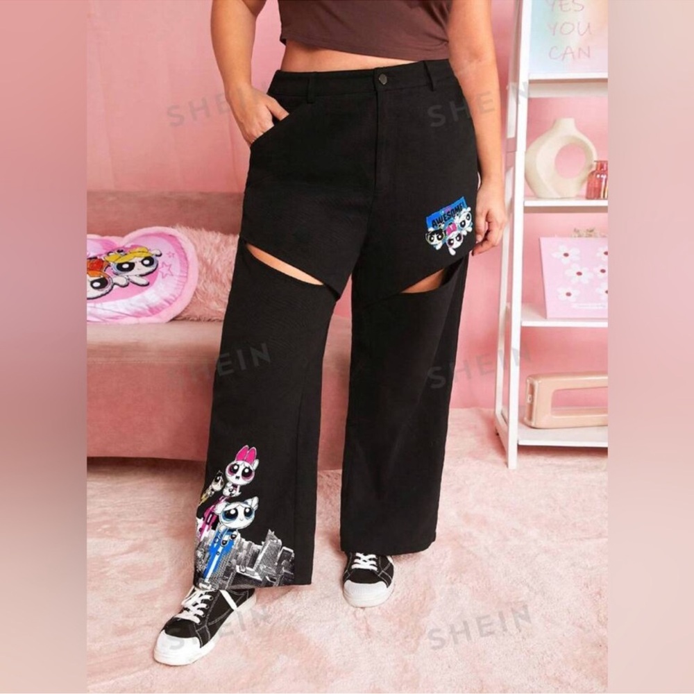 SHEIN POWERPUFF GIRLS wide leg pants Cartoon Graphic Cut Out size 4XL